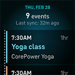 Agenda app screen showing current date, upcoming events, and last sync time